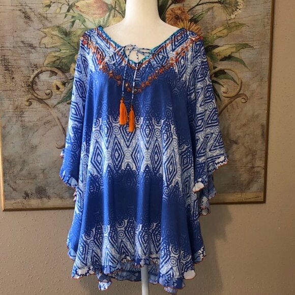 Sz M Kalypso 7 Blue & White Ombre Print Beach Coverup with Orange Embroi… - Picture 4 of 17